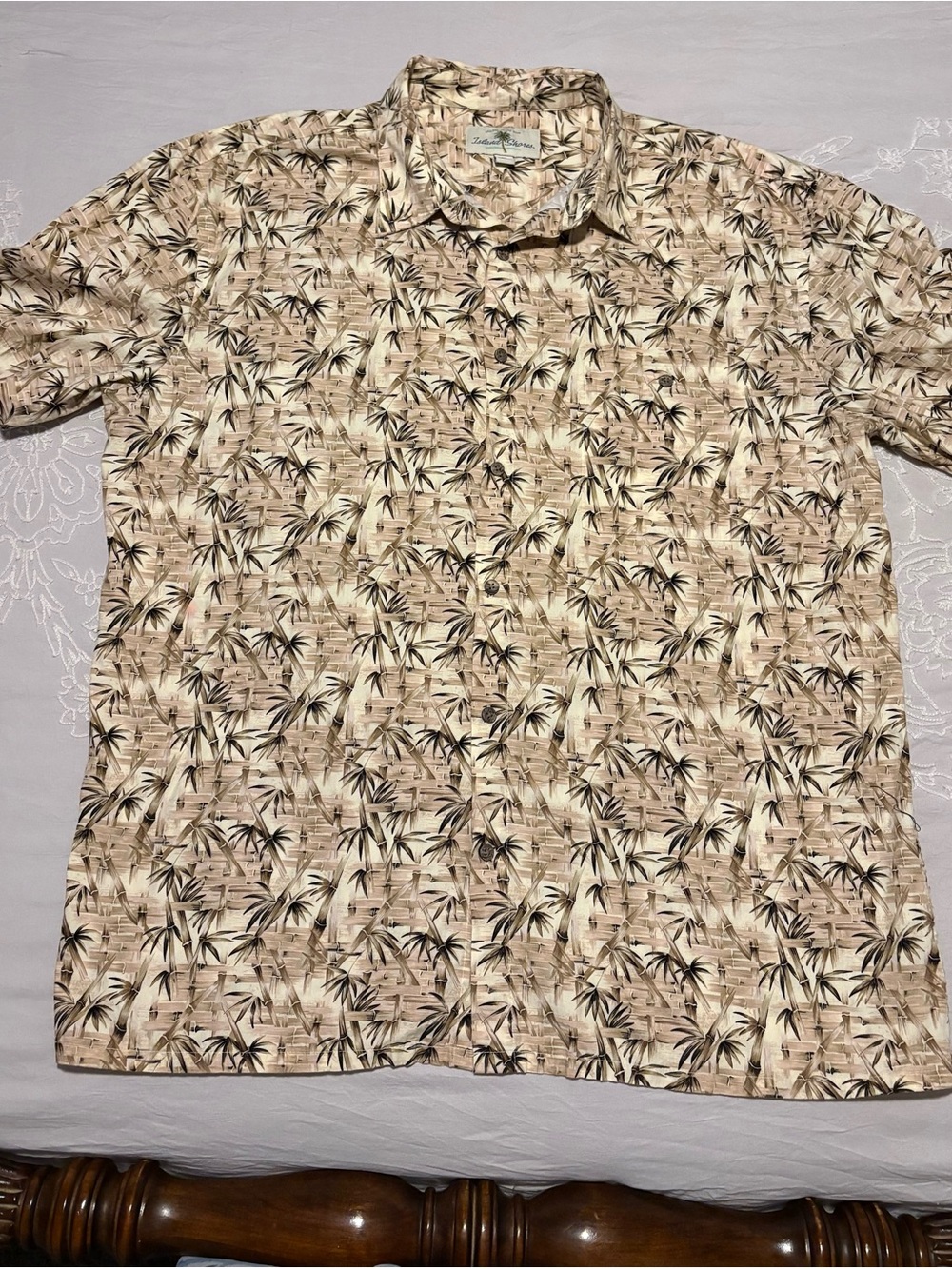 Island Shores Men's Short-Sleeve Bamboo Print Button-Down Shirt in Light Tan